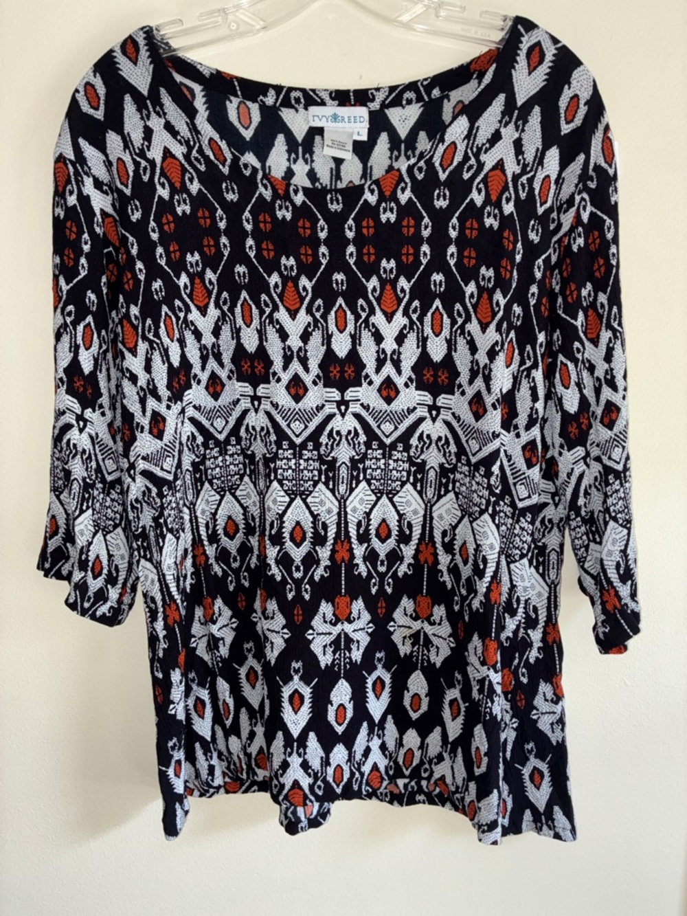 Ivy Reed Patterned Black, White & Rust Scoop Neck Tunic Top